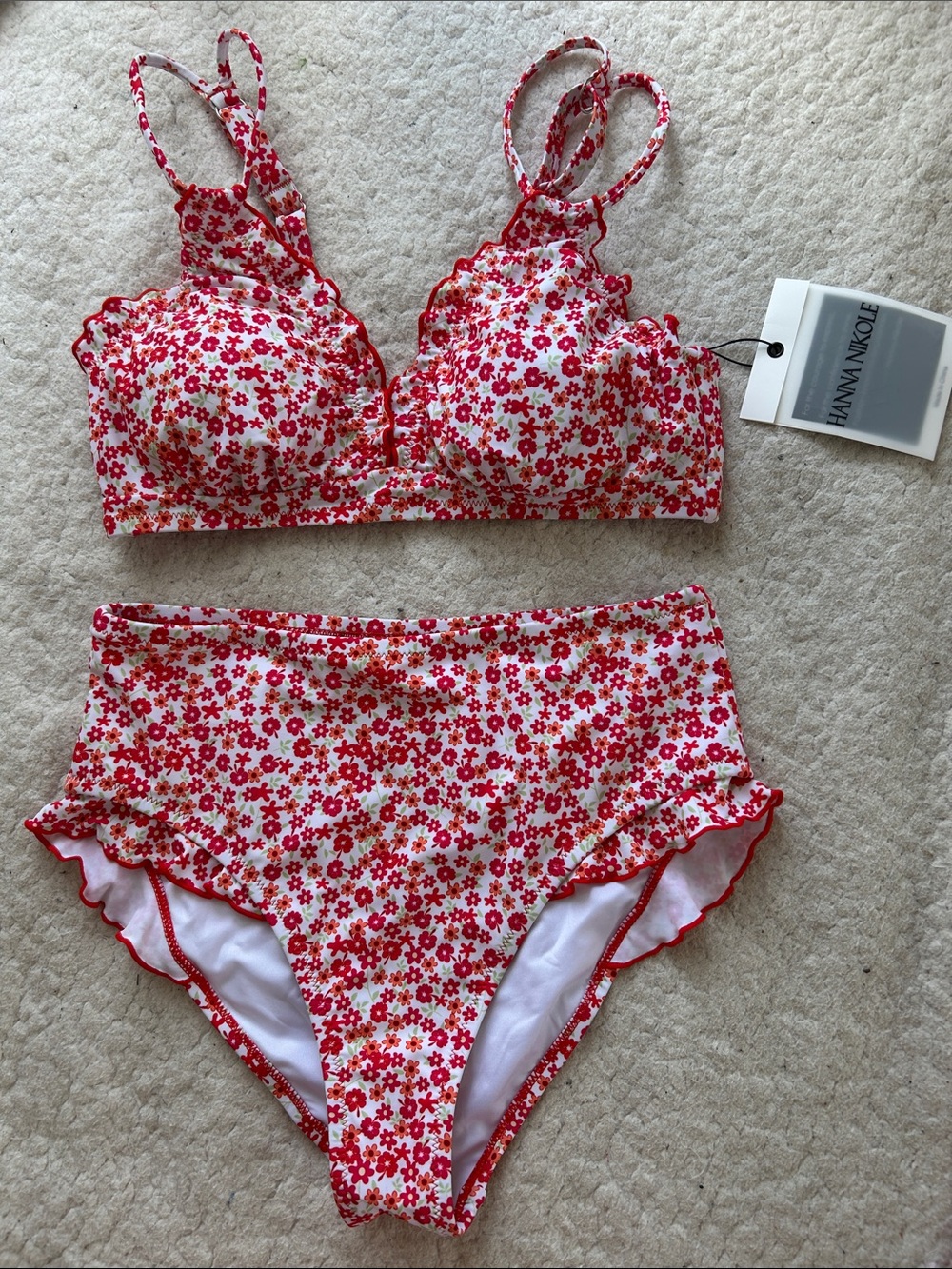 Floral Red & White High-Waist Bikini Set